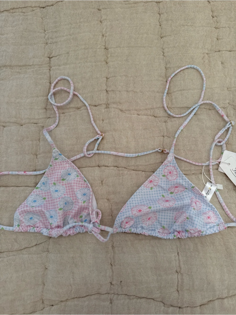 Heavy Manners Triangle Bikini Top Gingham Pink & Light Blue